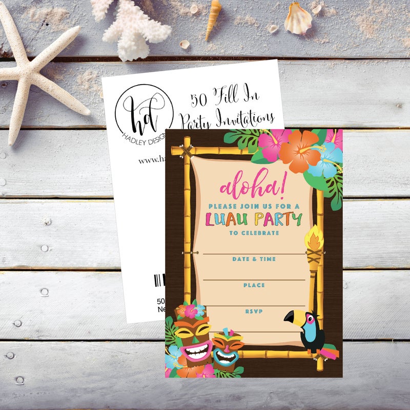 Hadley Designs 50 Aloha Luau Party Invitations, Tropical Hawaiian Birthday Invitations for Kids & Adults, Perfect for Birthday, Pool, and Summer Beach Parties - Image 3